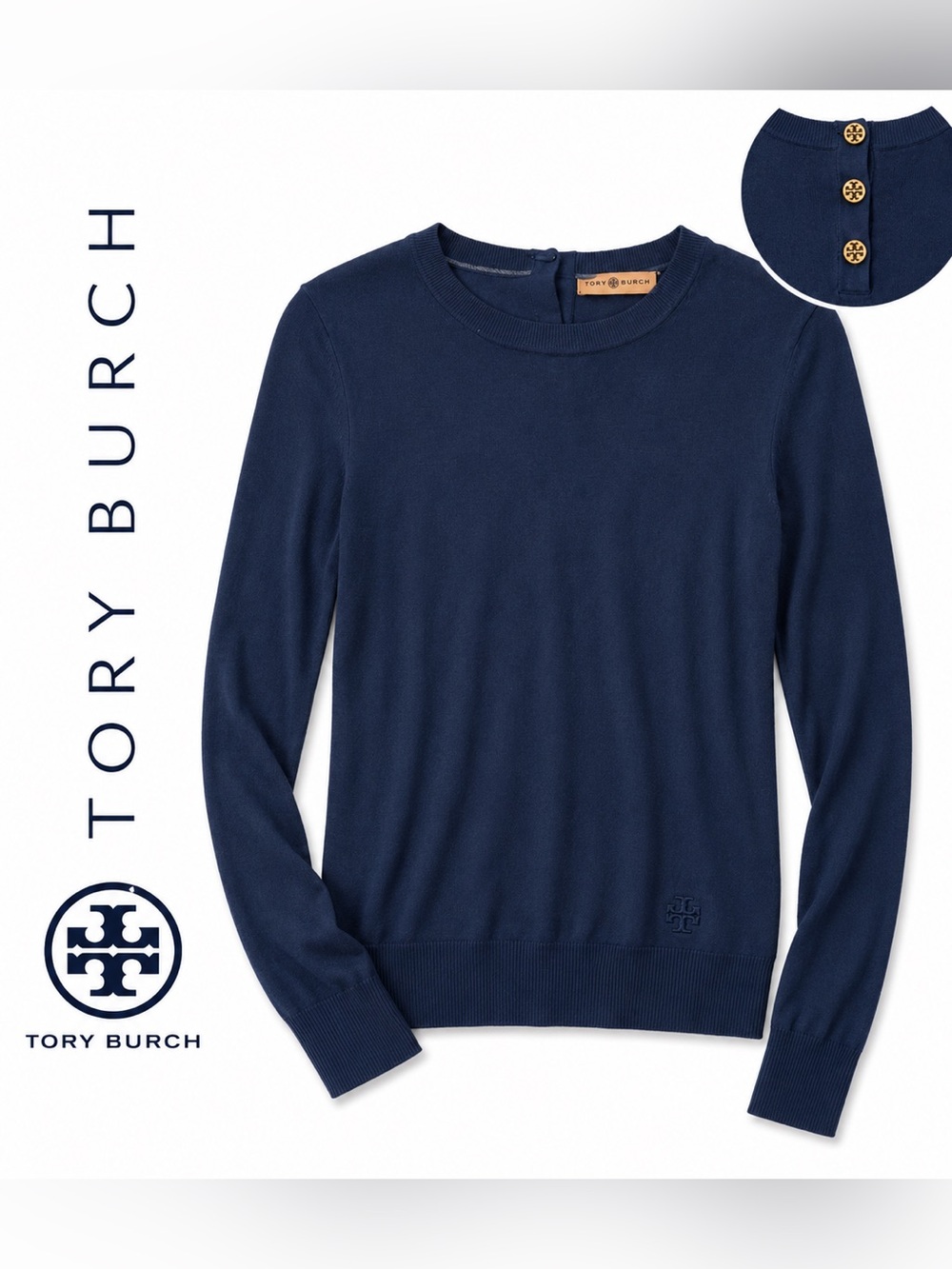 Tory Burch Navy Merino Wool Blend Sweater Gold Logo Button Back Size S